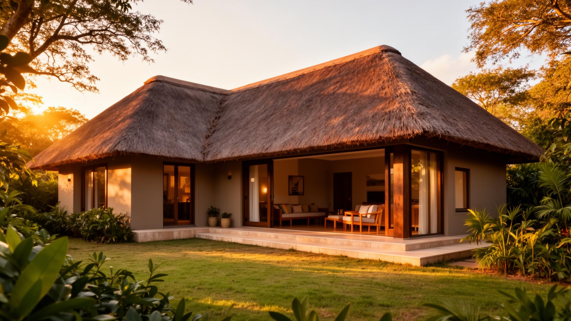 Beautifully thatched lodge at golden hour